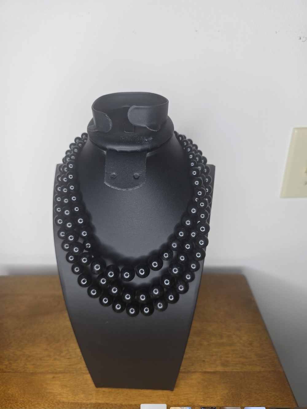 Vintage 80's Napier Black Multi-Strand Beaded Necklace Chunky Gold-tone Clasp
